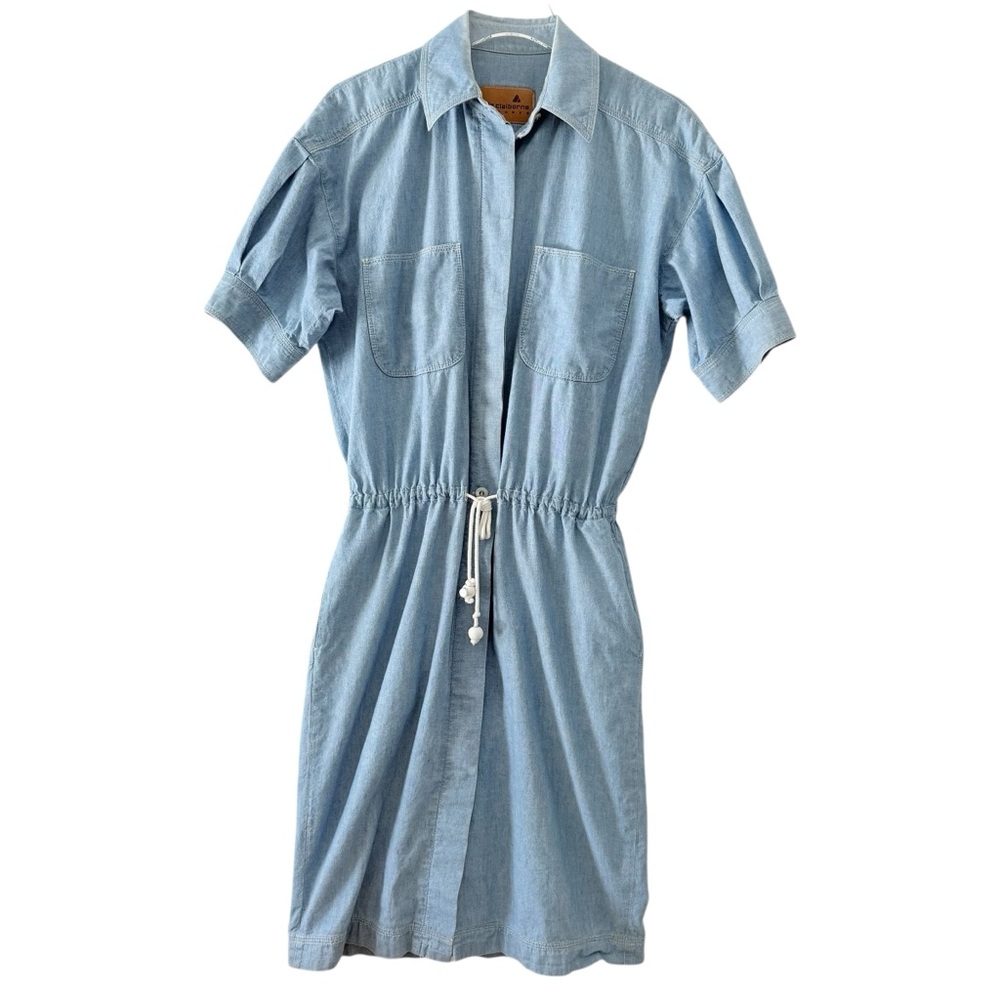 100% Cotton 90s Liz Claiborne Blue Denim Shirtdress w Drawstring Waist Size 8